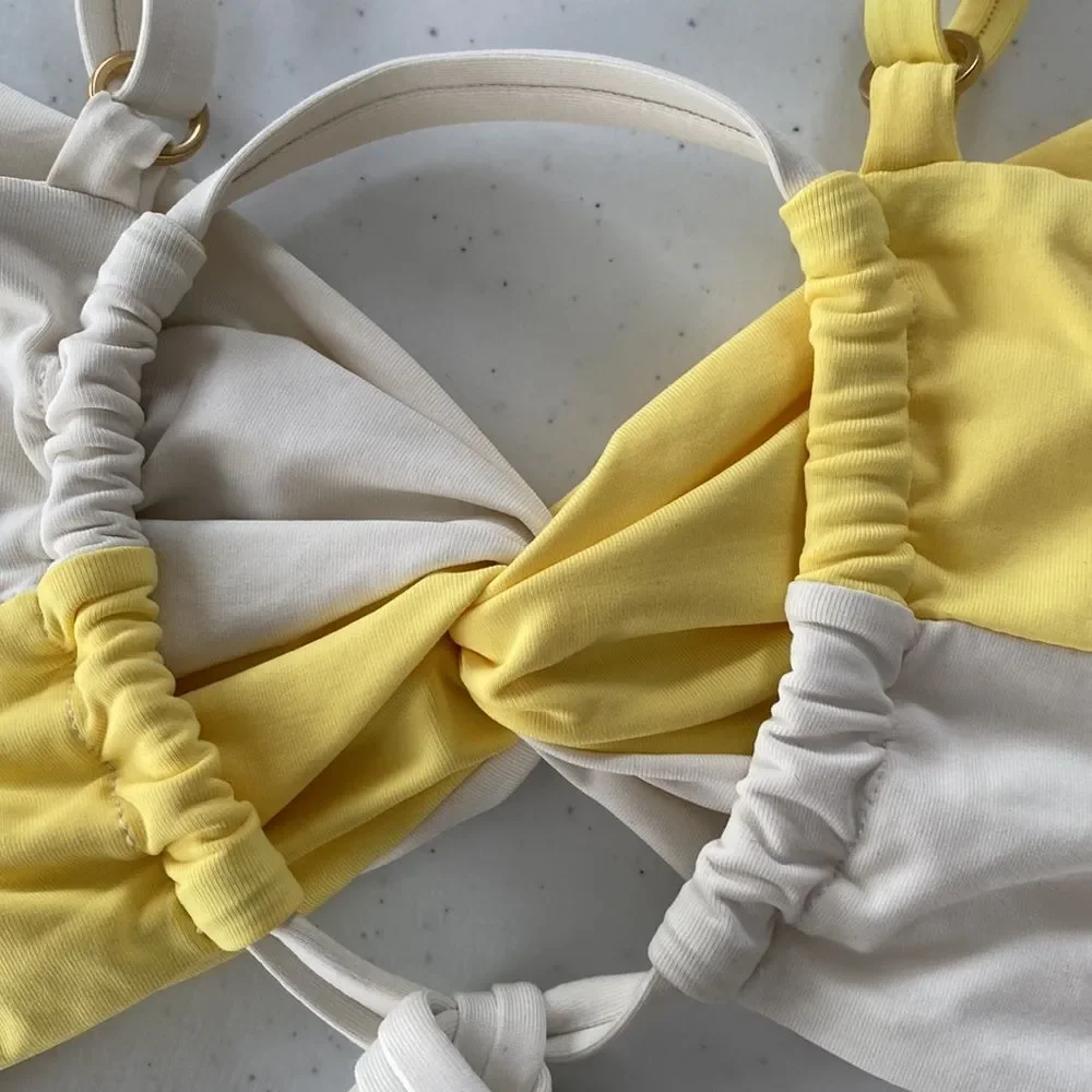 L*Space Ringo Swim Bikini Top Separates Yellow White Twisted Knot Front DD Cup